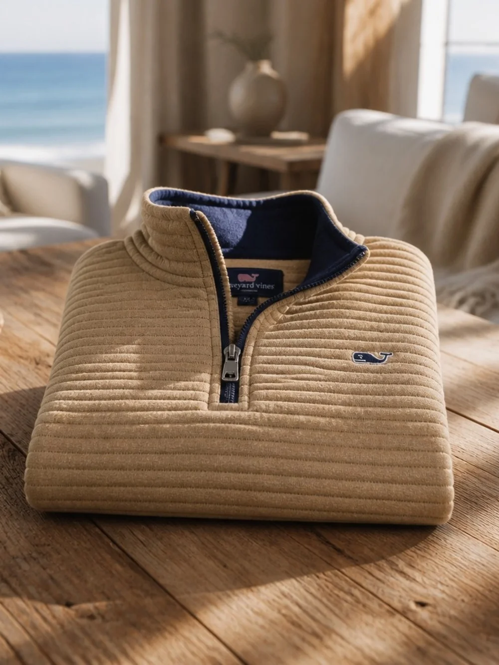 Vineyard Vines Tan and Navy Logo Pullover Mock Neck Size Medium